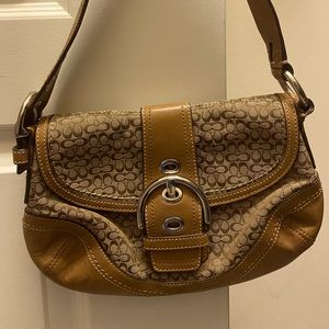 Brown Leather Coach Monogram Print Shoulder Bag